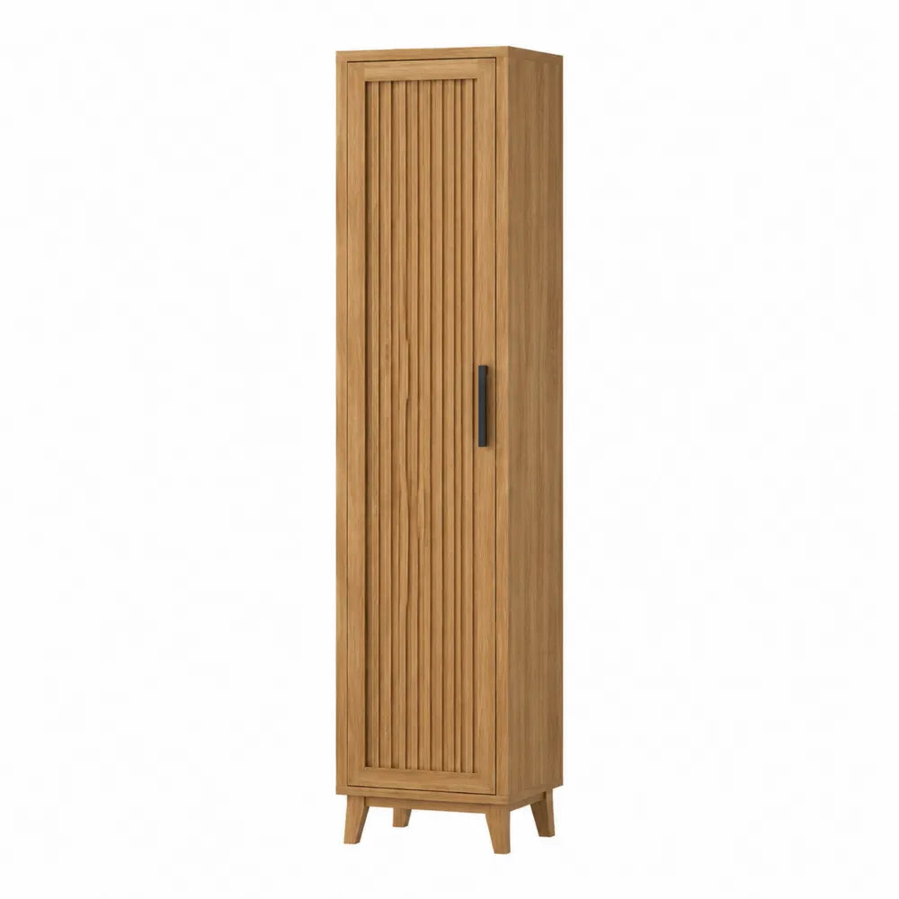 Armadio contenitore alto in MDF impiallacciato rovere anta singola a doghe gambe in legno massello colore rovere naturale dimensioni 50 cm x 40 cm x 180 cm