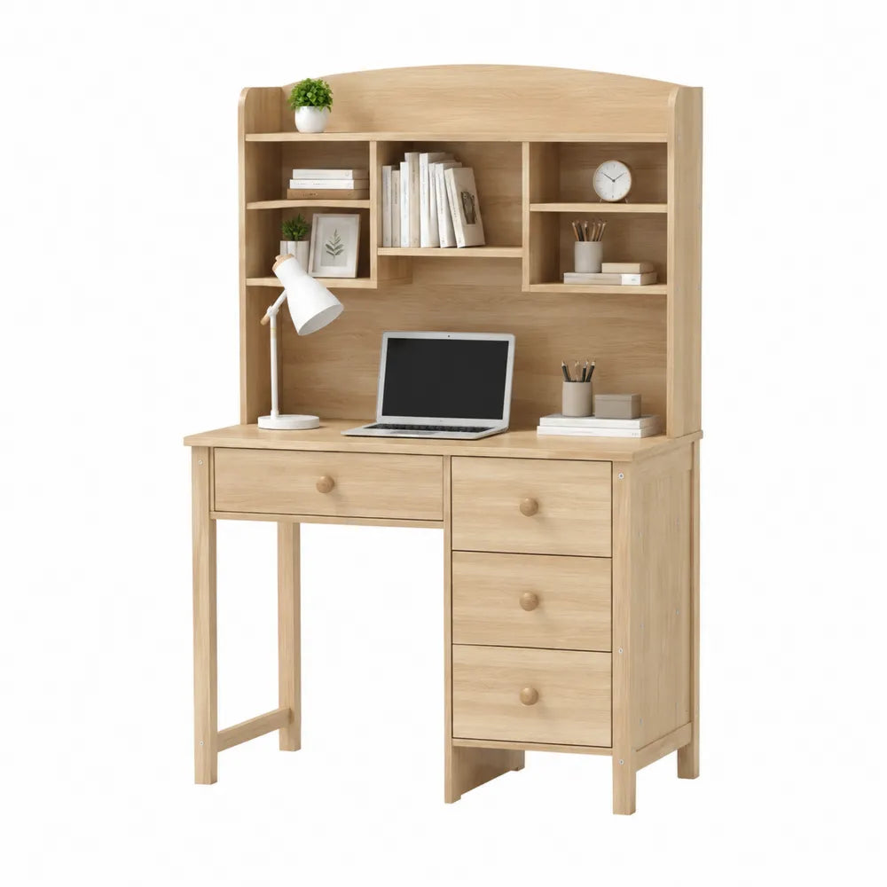 Scrivania rettangolare con libreria superiore 4 cassetti e ripiani aperti in MDF e truciolare effetto rovere chiaro 120 x 55 x 160 cm