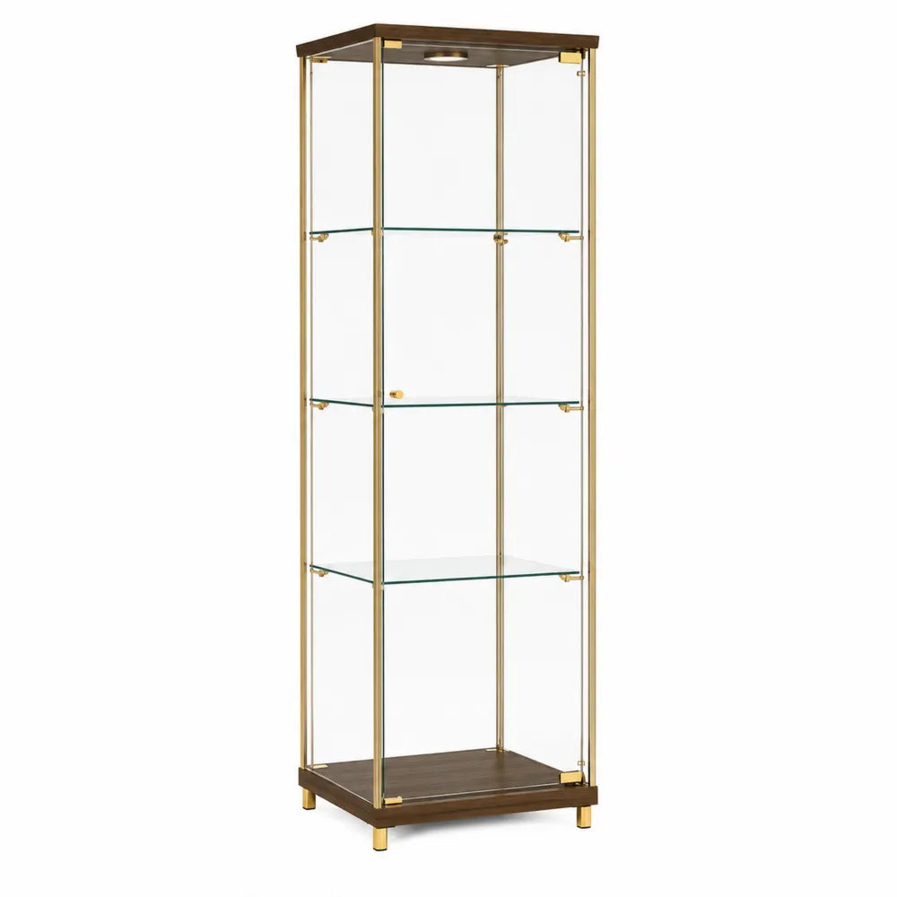 Vetrina espositiva 170 x 45 x 40 cm in vetro temperato con struttura in metallo dorato e base in legno scuro con illuminazione LED e ripiani interni