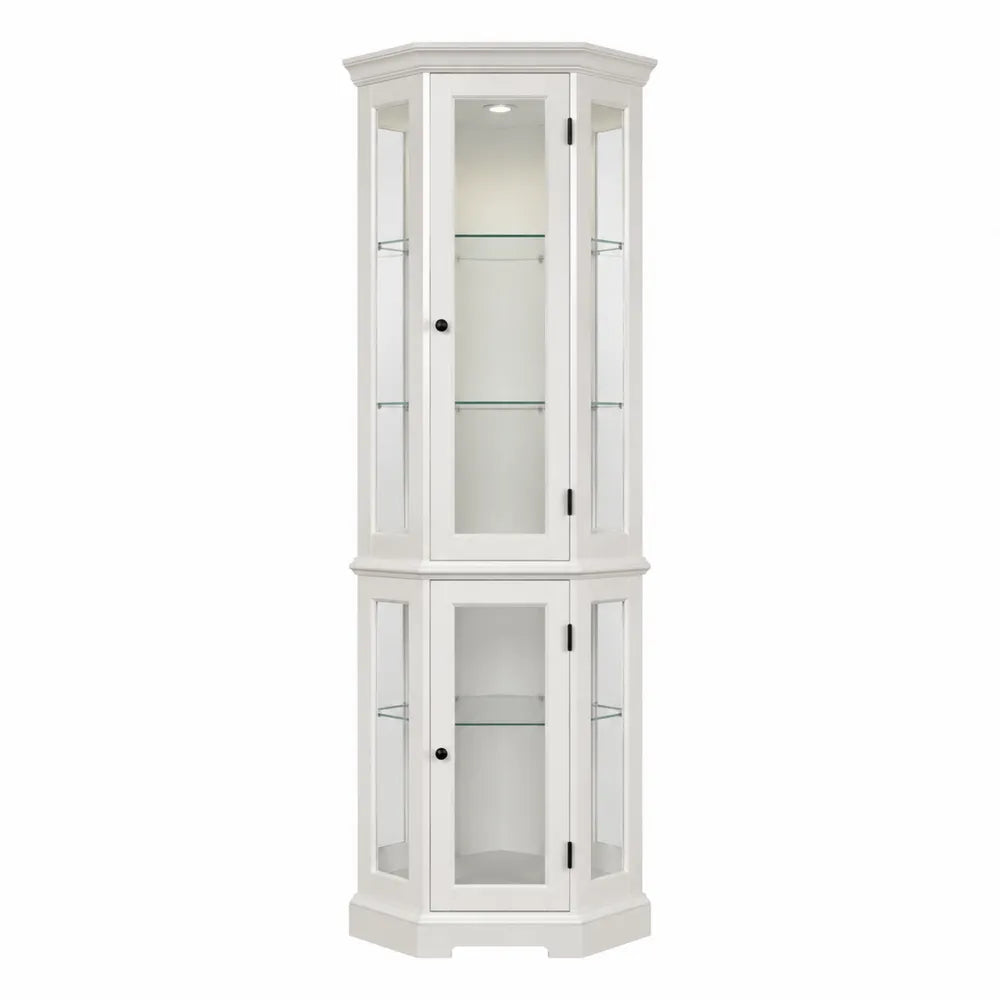 Vetrina angolare 70 cm x 70 cm x 190 cm in MDF verniciato bianco con ante in vetro e ripiani in vetro temperato con illuminazione LED
