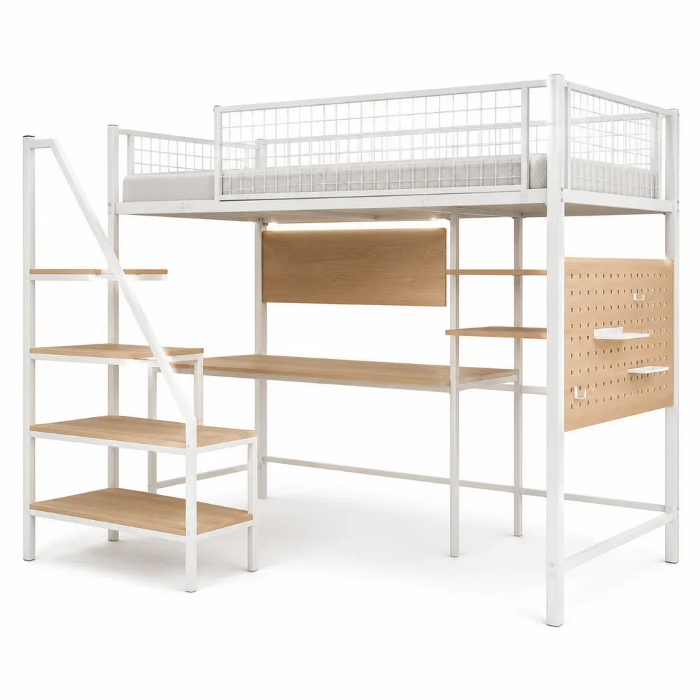 Letto a soppalco singolo in acciaio verniciato bianco con scrivania scala con ripiani pannello portaoggetti e dettagli rovere 90 x 200 cm