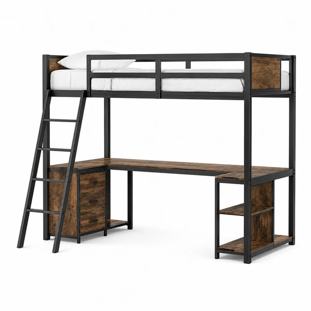 Letto a soppalco 200 x 95 x 175 cm in metallo nero e legno con scrivania armadio e scala integrata