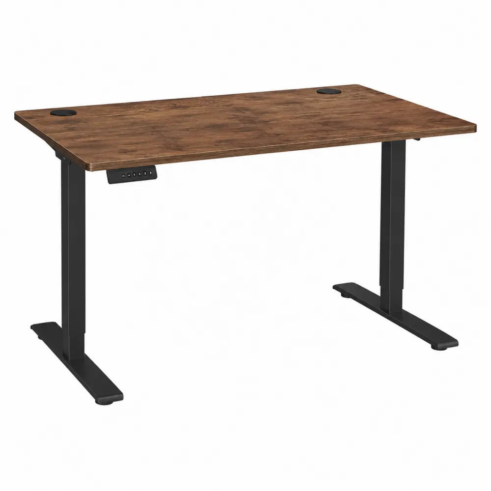 Scrivania elettrica regolabile in altezza rettangolare con piano in MDF effetto noce scuro struttura in acciaio nero e passacavi 120 x 60 x 72-118 cm