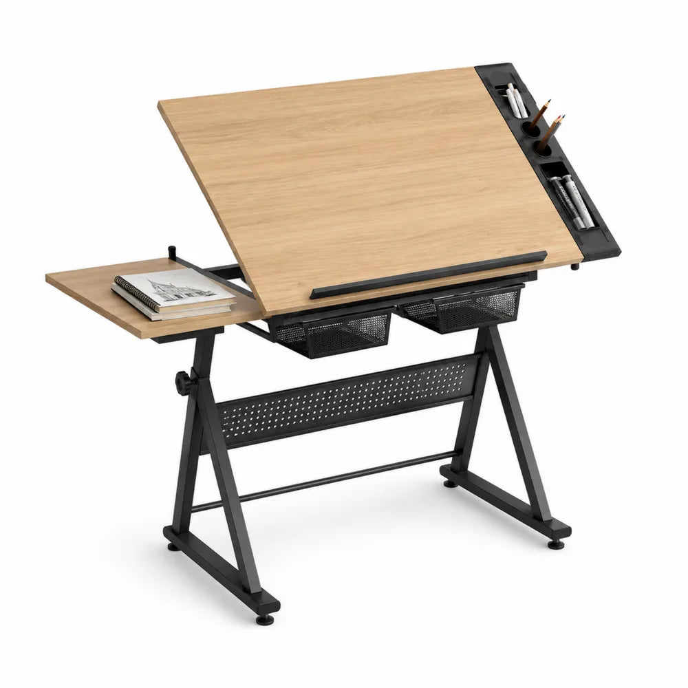 Scrivania da disegno rettangolare inclinabile con piano in MDF effetto rovere chiaro e struttura in acciaio nero 140 x 70 x 75-120 cm