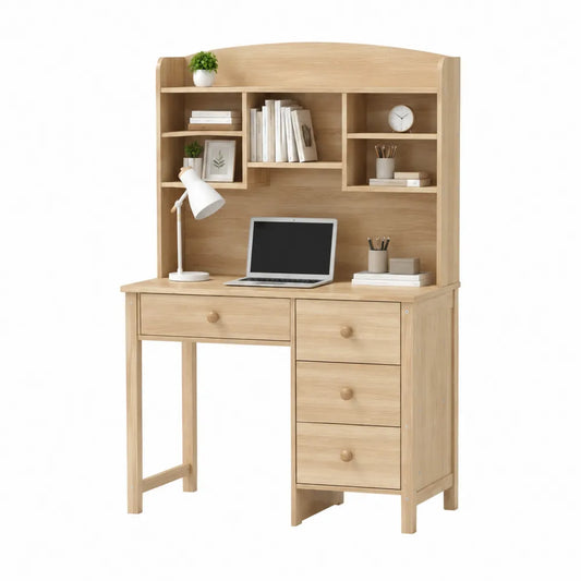 Scrivania rettangolare con libreria superiore 4 cassetti e ripiani aperti in MDF e truciolare effetto rovere chiaro 120 x 55 x 160 cm