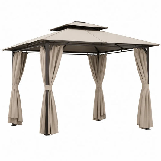 Gazebo da giardino in acciaio con tende laterali e tetto in tessuto poliestere beige 300 x 300 x 280 cm grigio scuro beige