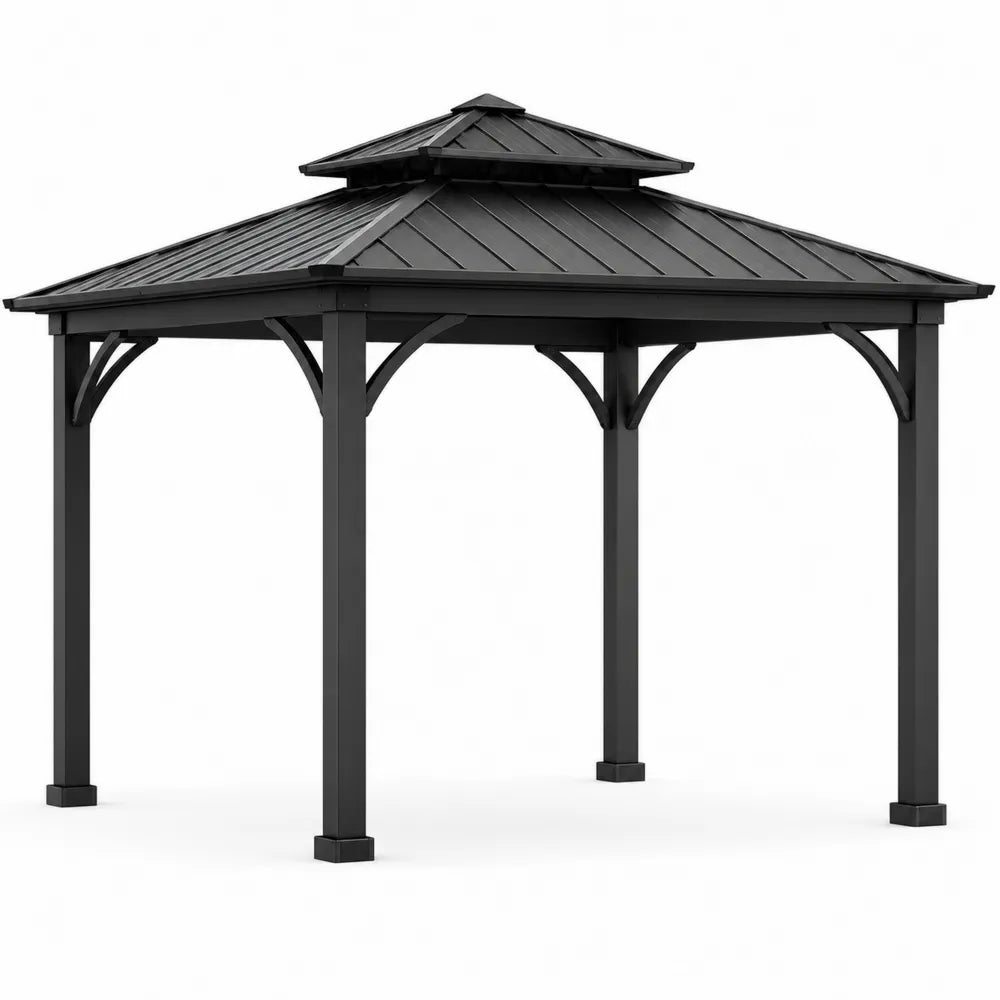 Gazebo da giardino in acciaio al carbonio verniciato a polvere nero struttura quadrata tetto metallico a doppio livello 300 cm x 300 cm x 280 cm