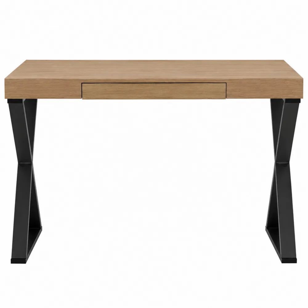 Scrivania rettangolare con cassetto centrale piano in truciolare effetto rovere chiaro e gambe in acciaio nero 120 x 60 x 75 cm