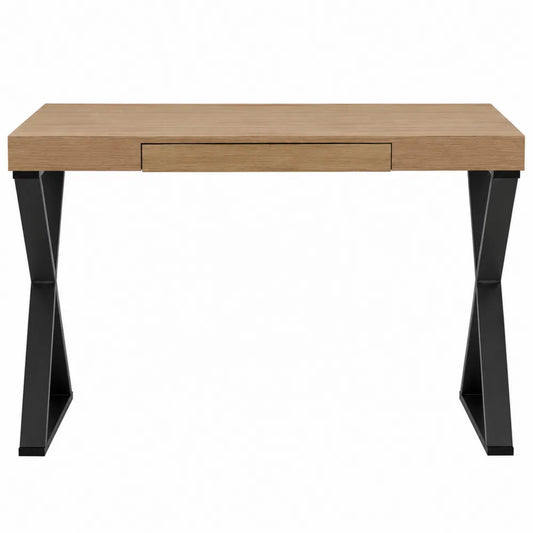 Scrivania rettangolare con cassetto centrale piano in truciolare effetto rovere chiaro e gambe in acciaio nero 120 x 60 x 75 cm