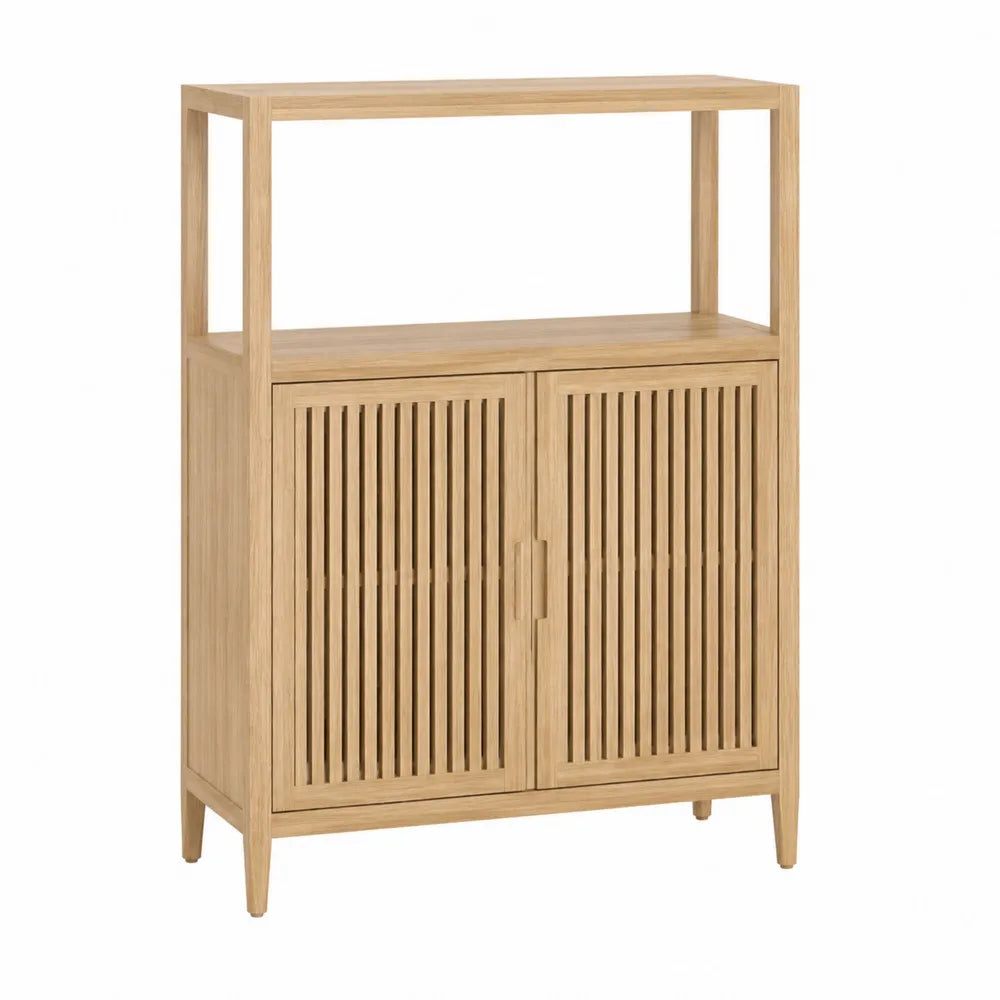 Credenza contenitore in legno effetto rovere con 2 ante a doghe e ripiano superiore aperto struttura rettangolare colore rovere chiaro