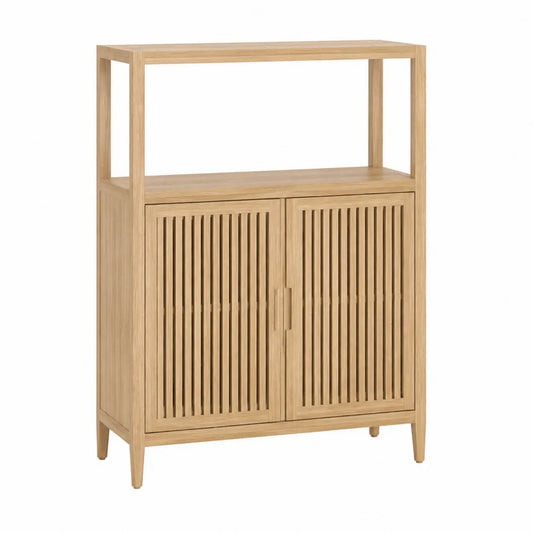 Credenza contenitore in legno effetto rovere con 2 ante a doghe e ripiano superiore aperto struttura rettangolare colore rovere chiaro