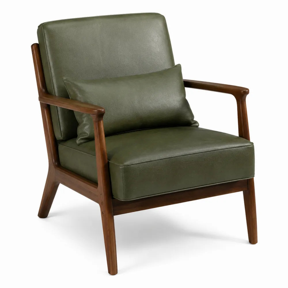 Poltrona con braccioli 70 cm x 75 cm x 85 cm struttura in legno massello rivestimento in pelle PU verde oliva con cuscino