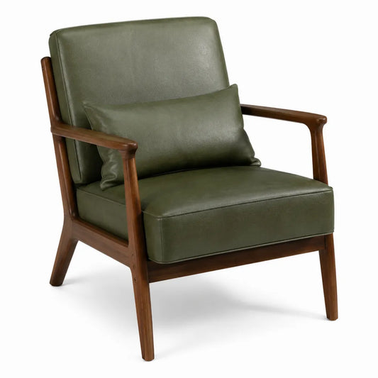 Poltrona con braccioli 70 cm x 75 cm x 85 cm struttura in legno massello rivestimento in pelle PU verde oliva con cuscino
