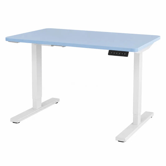 Scrivania elettrica regolabile rettangolare con piano in MDF azzurro chiaro struttura in acciaio bianco e pannello di controllo nero 120 x 60 x 72-120 cm