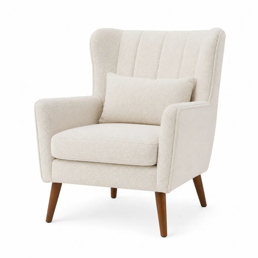 Poltrona in tessuto bouclé beige con schienale trapuntato cuscino decorativo e gambe in legno massello stile moderno