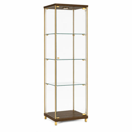 Vetrina espositiva 170 x 45 x 40 cm in vetro temperato con struttura in metallo dorato e base in legno scuro con illuminazione LED e ripiani interni