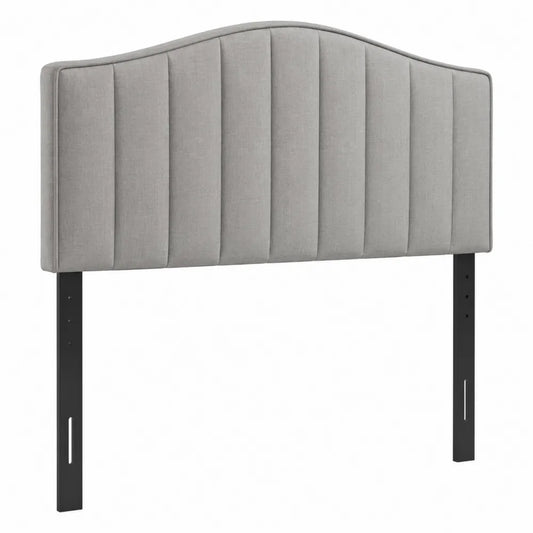 Testiera letto matrimoniale imbottita in tessuto poliestere grigio chiaro con supporti metallici neri e pannelli verticali 160 x 8 x 60 cm