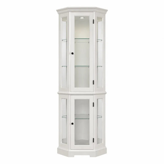 Vetrina angolare 70 cm x 70 cm x 190 cm in MDF verniciato bianco con ante in vetro e ripiani in vetro temperato con illuminazione LED
