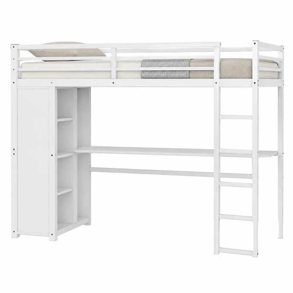 Letto a soppalco singolo 205 x 95 x 175 cm in acciaio e MDF bianco con scrivania integrata armadio laterale e scala