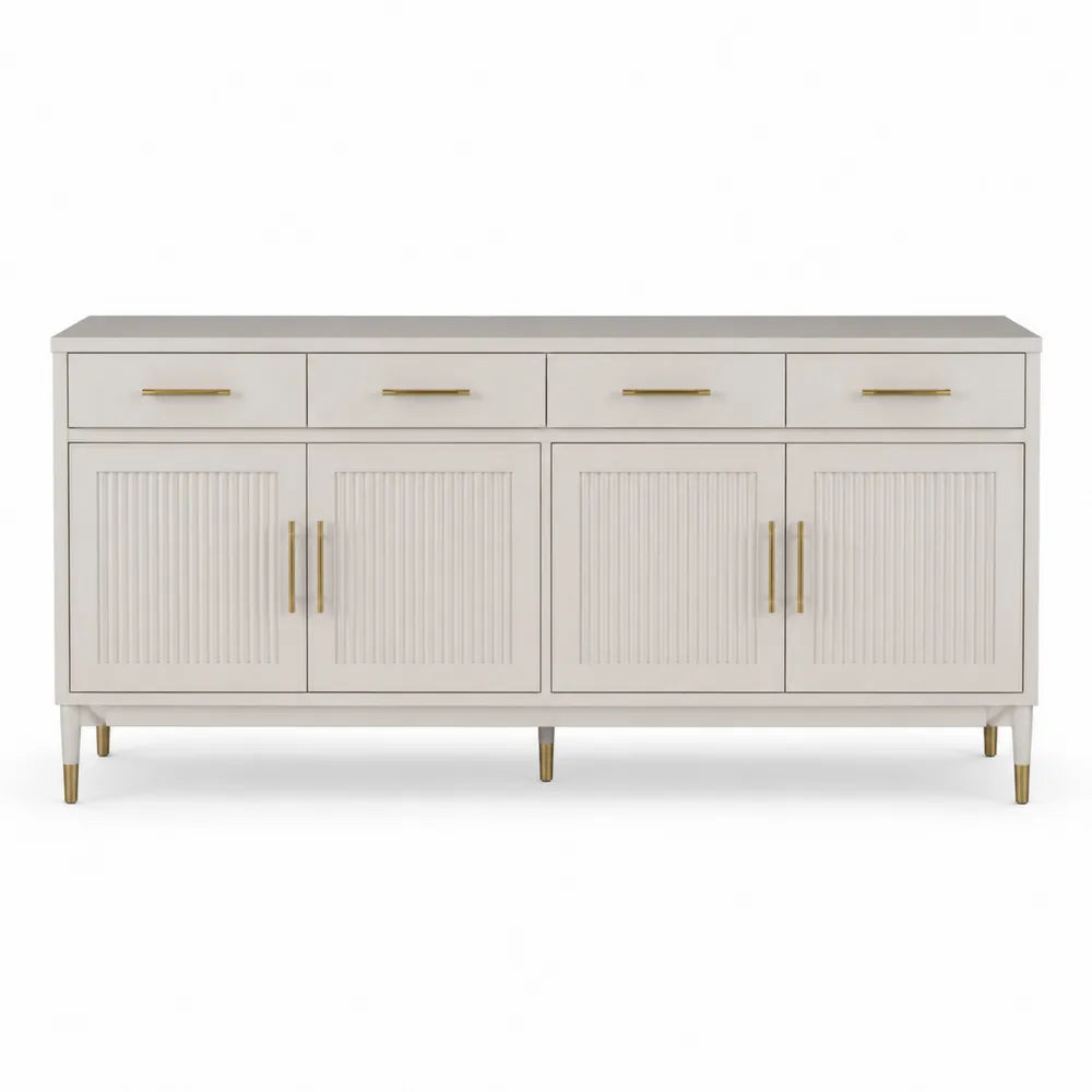 Credenza contenitore in MDF laccato bianco con 4 cassetti e 4 ante scanalate gambe in legno e dettagli metallici dorati dimensioni 160 cm x 40 cm x 80 cm