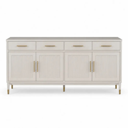 Credenza contenitore in MDF laccato bianco con 4 cassetti e 4 ante scanalate gambe in legno e dettagli metallici dorati dimensioni 160 cm x 40 cm x 80 cm