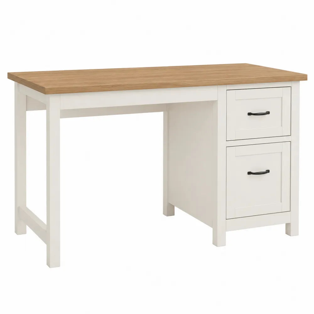 Scrivania rettangolare con 2 cassetti laterali piano in truciolare effetto rovere naturale e struttura in MDF bianco 120 x 50 x 75 cm