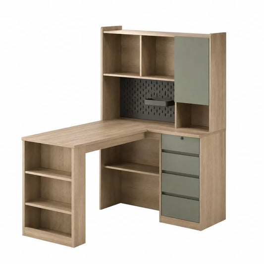 Scrivania angolare a L con libreria superiore 4 cassetti anta e pannello forato in truciolare effetto rovere naturale verde salvia e nero 140 x 120 x 180 cm