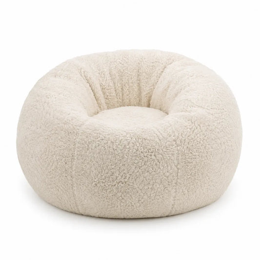 Poltrona sacco rotonda in tessuto effetto sherpa colore avorio imbottitura in EPS 90x90x60 cm