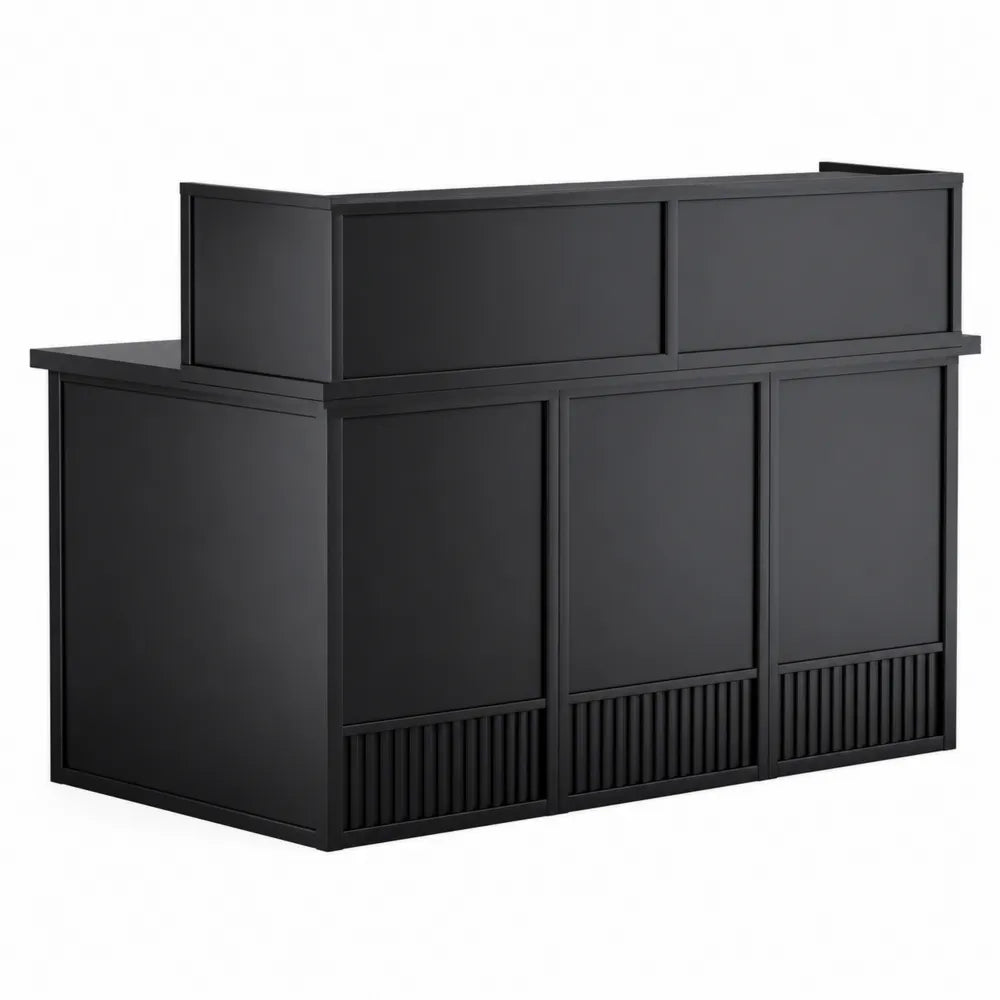 Banco reception scrivania 160 cm x 60 cm x 110 cm pannello melaminico nero MDF truciolare con piano rialzato e moduli contenitore ante e vani aperti