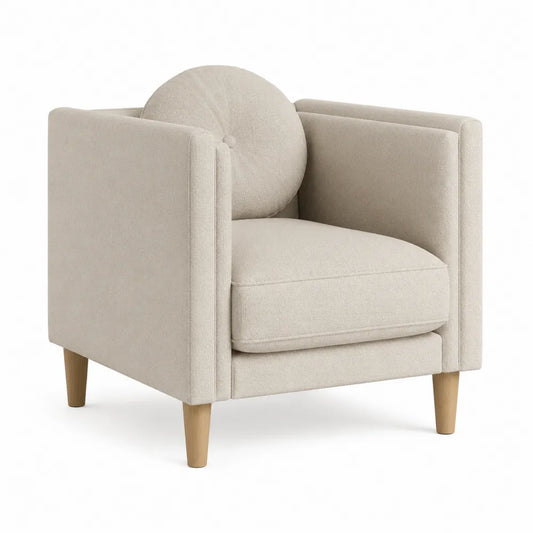 Poltrona da soggiorno imbottita 75 cm x 80 cm x 78 cm in tessuto beige con schienale rotondo e gambe in legno