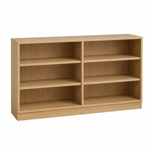 Libreria a giorno in pannello truciolare effetto rovere chiaro struttura rettangolare 6 scomparti dimensioni 120 cm x 30 cm x 80 cm