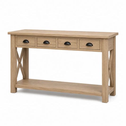Consolle contenitore 120 cm x 35 cm x 80 cm in legno effetto rovere naturale con 4 cassetti e ripiano inferiore struttura con gambe incrociate