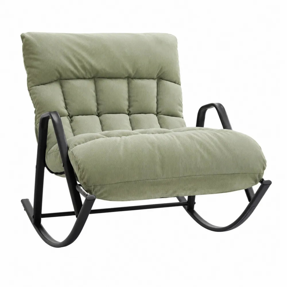 Poltrona a dondolo in tessuto poliestere a coste colore verde salvia struttura in acciaio nero dimensioni circa 75 cm x 85 cm x 95 cm