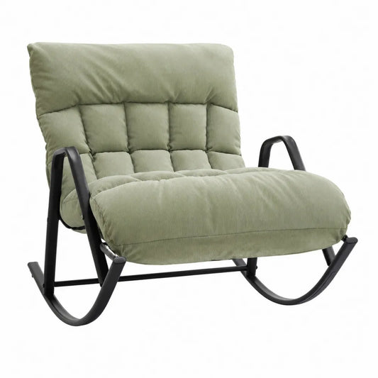 Poltrona a dondolo in tessuto poliestere a coste colore verde salvia struttura in acciaio nero dimensioni circa 75 cm x 85 cm x 95 cm